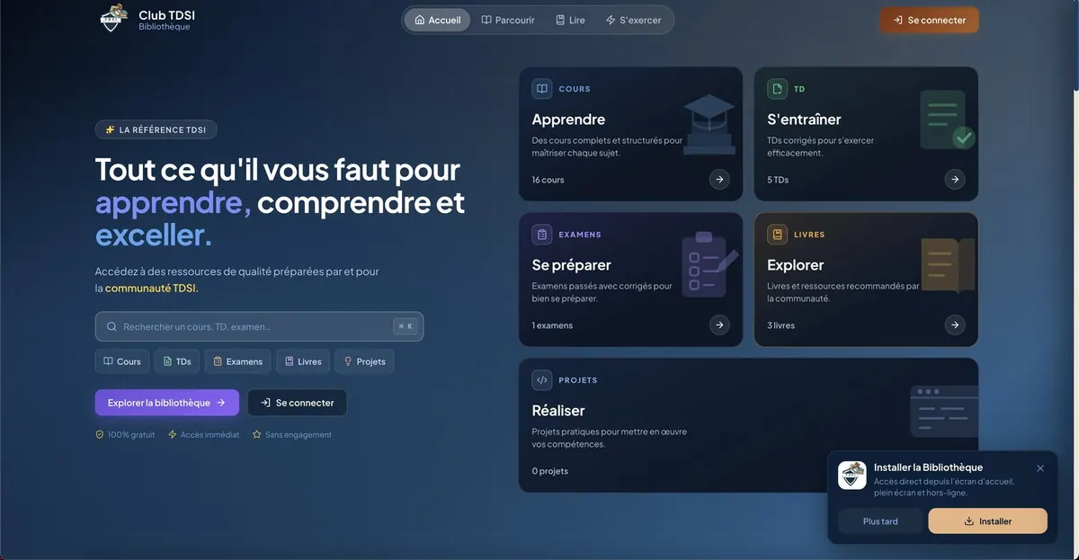 Aperçu du site Bibliothèque Club TDSI réalisé par Therion